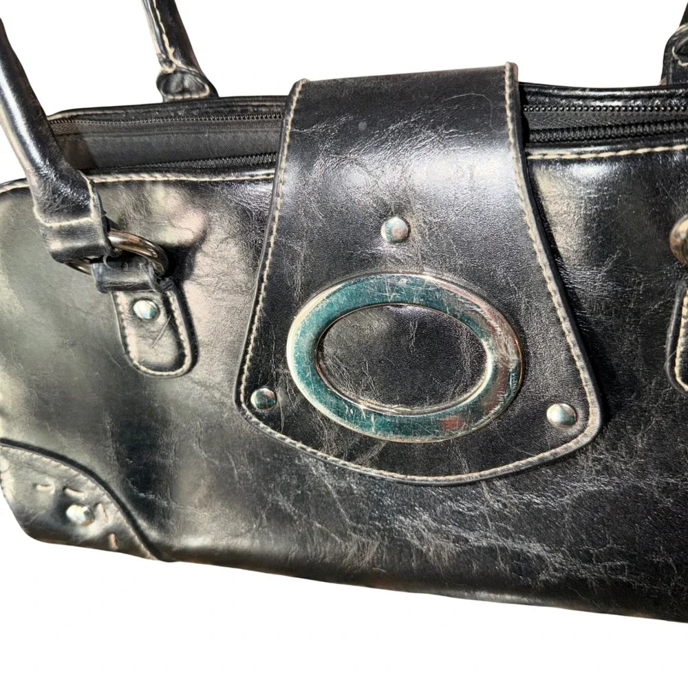Vintage Y2K Black Faux Distressed Leather Satchel Shoulder Bag Grunge 54644-79